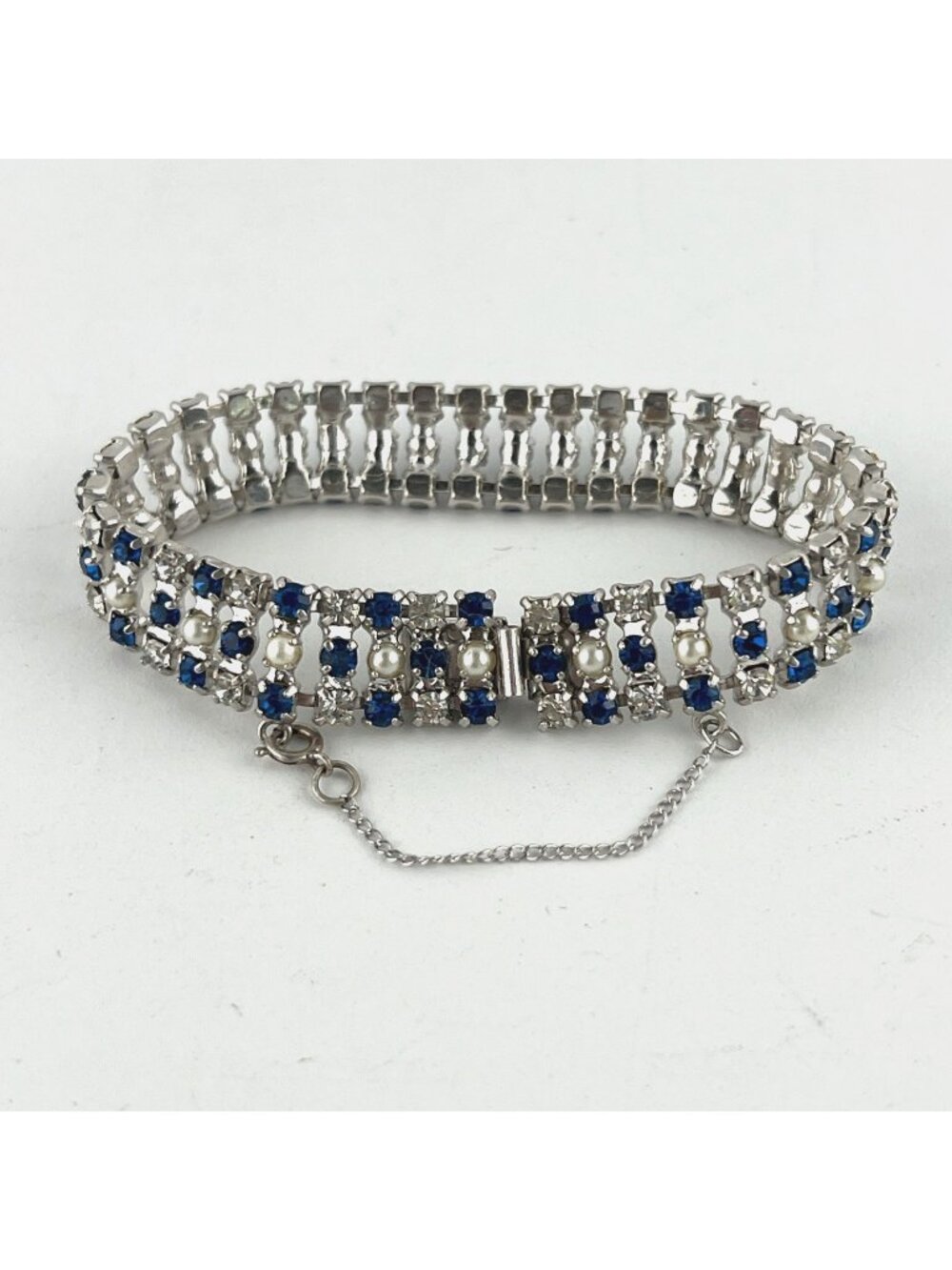 Vintage B David Blue and Clear Rhinestones Silver Tone Bracelet 1/2" W x 6 3/4 L